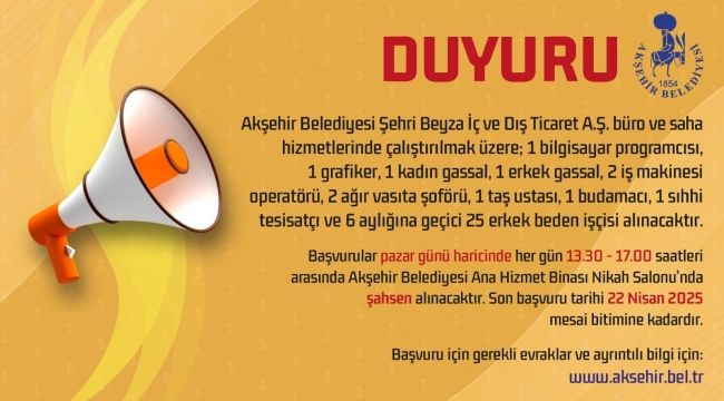 AKŞEHİR BELEDİYESİ'NDEN PERSONEL ALIMI! 